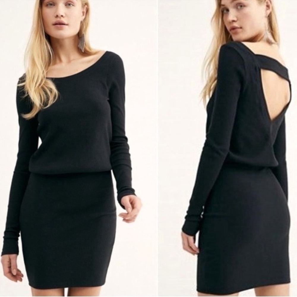 Free People FP Beach Black Dress Mini Bodycon Open Back Sexy Long Sleeve Small‎